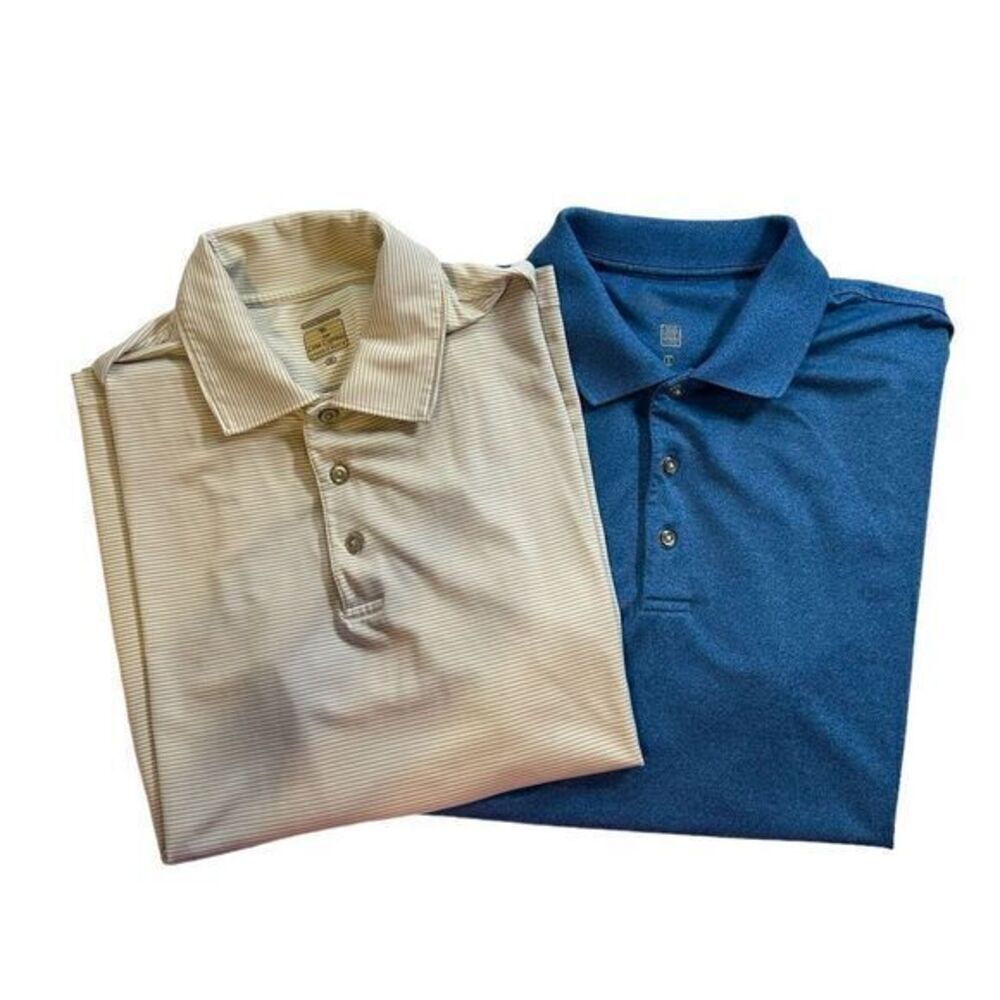 EUC Pebble Beach Men’s 2 Polo Shirts - Cream Stripe and Blue Golf- Size Medium